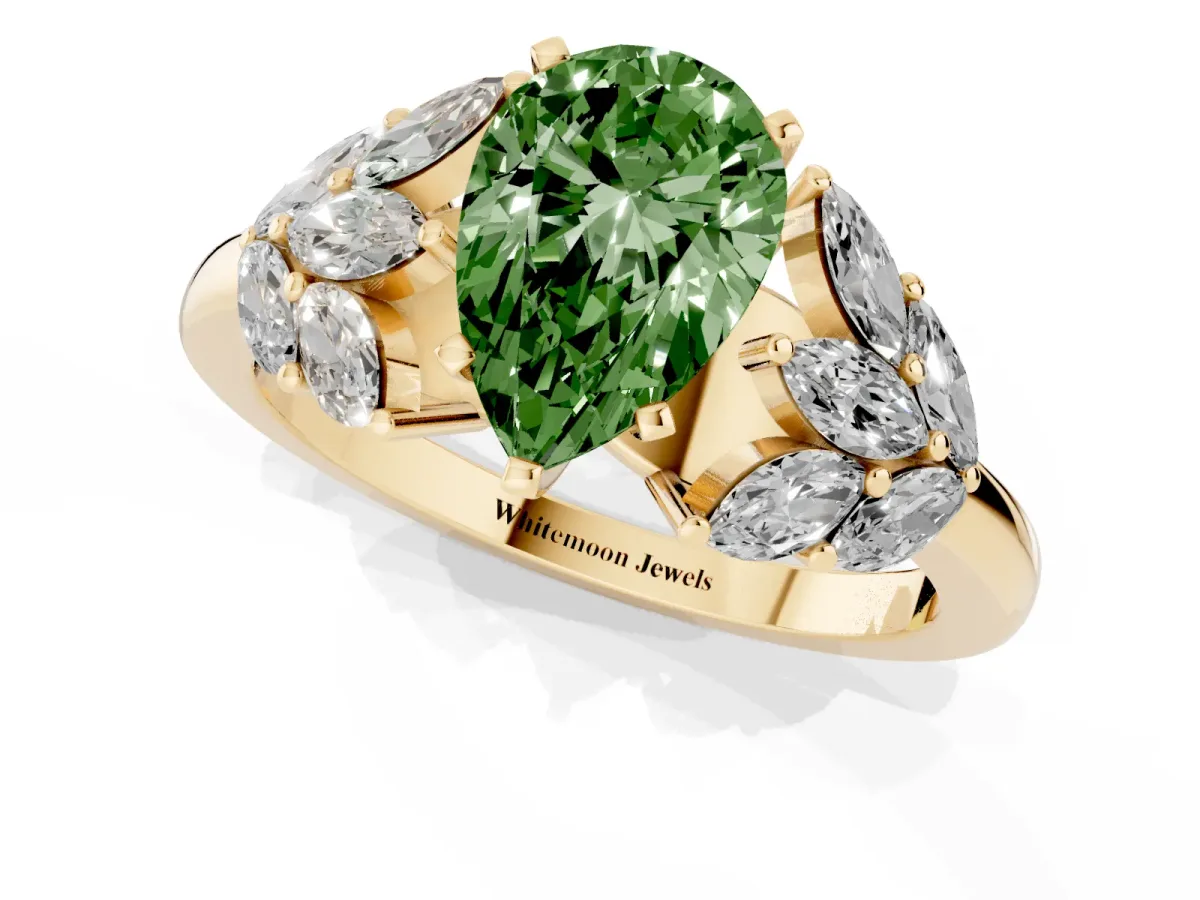 Fancy Green Pear Cut Diamond Cluster Leaf Design Ring with Prong Setting Yellow gold