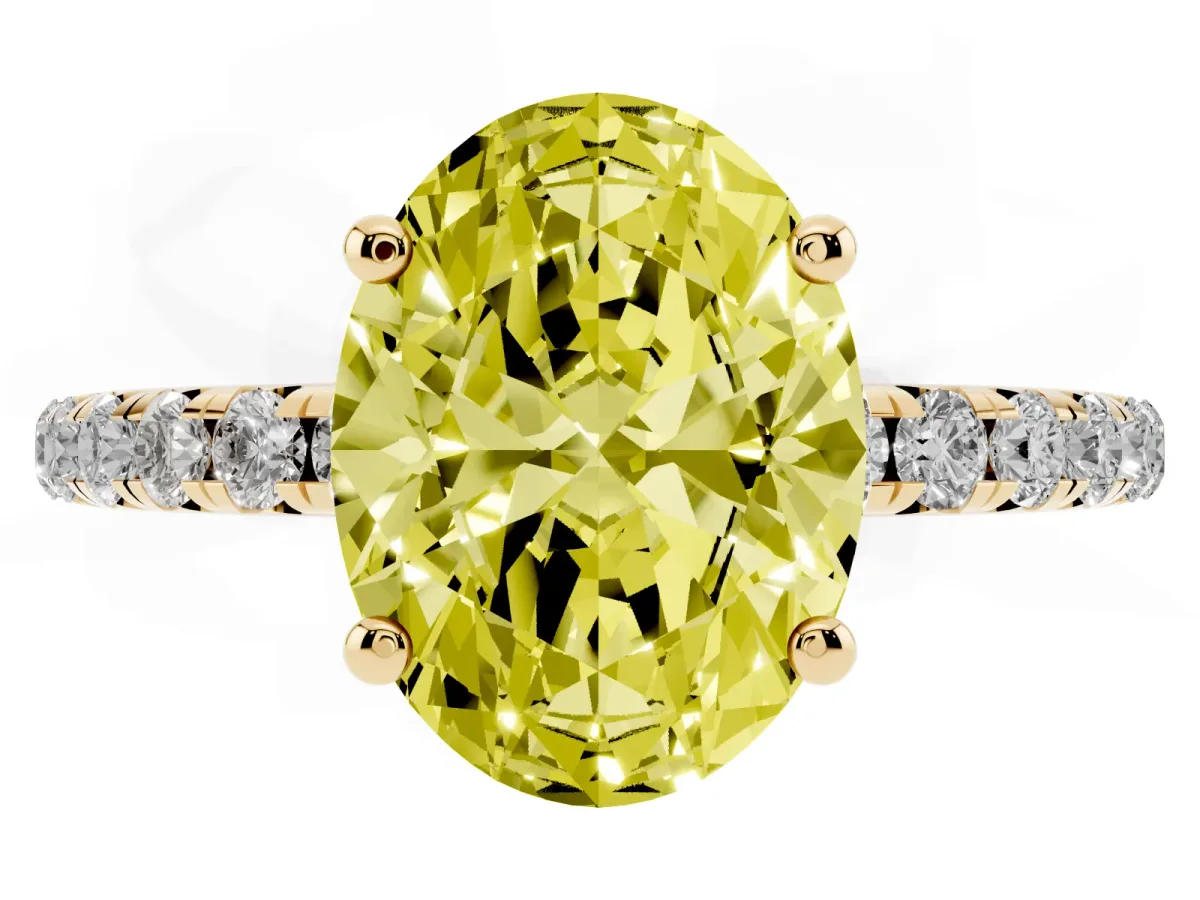 Fancy Yellow Oval Cut Cut Diamond Solitaire Ring with Micro Pave Band and Four Prong Setting Yellow gold
