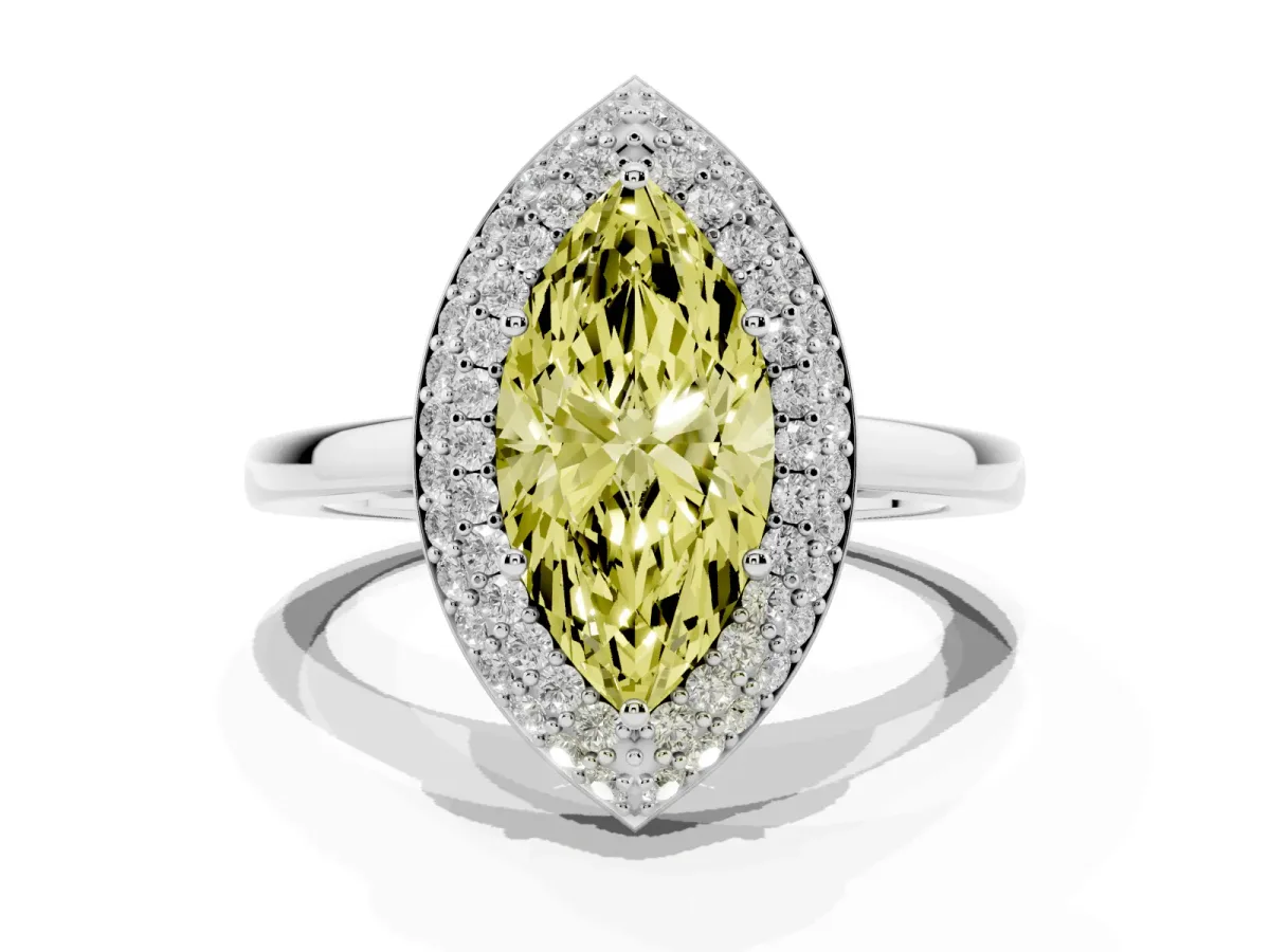 Fancy Yellow Marquise Cut Halo Diamond Engagement Ring with Solitaire Band and Four-Prong Setting Platinum