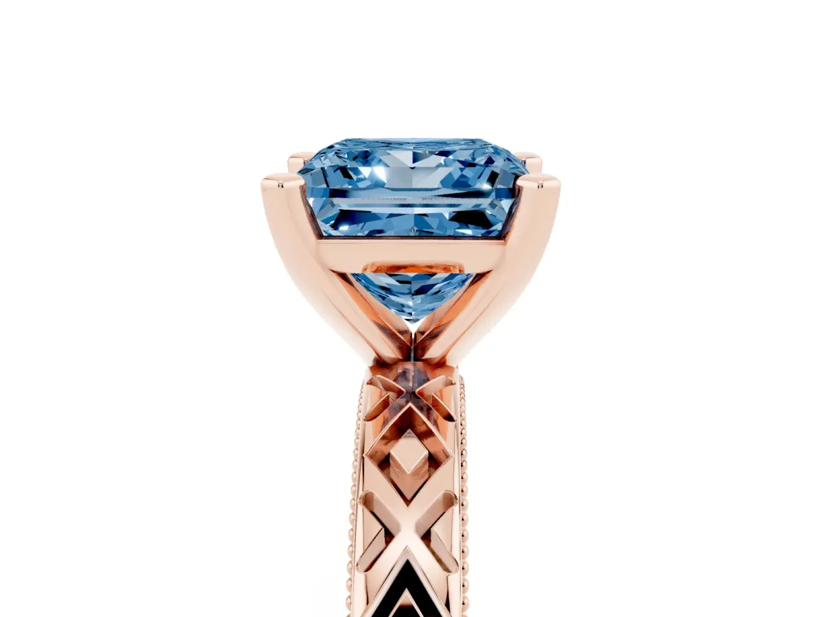 Fancy Blue Princess Cut Solitaire Diamond Ring with Milgrain and Black Enamel X Pattern Band Rose gold