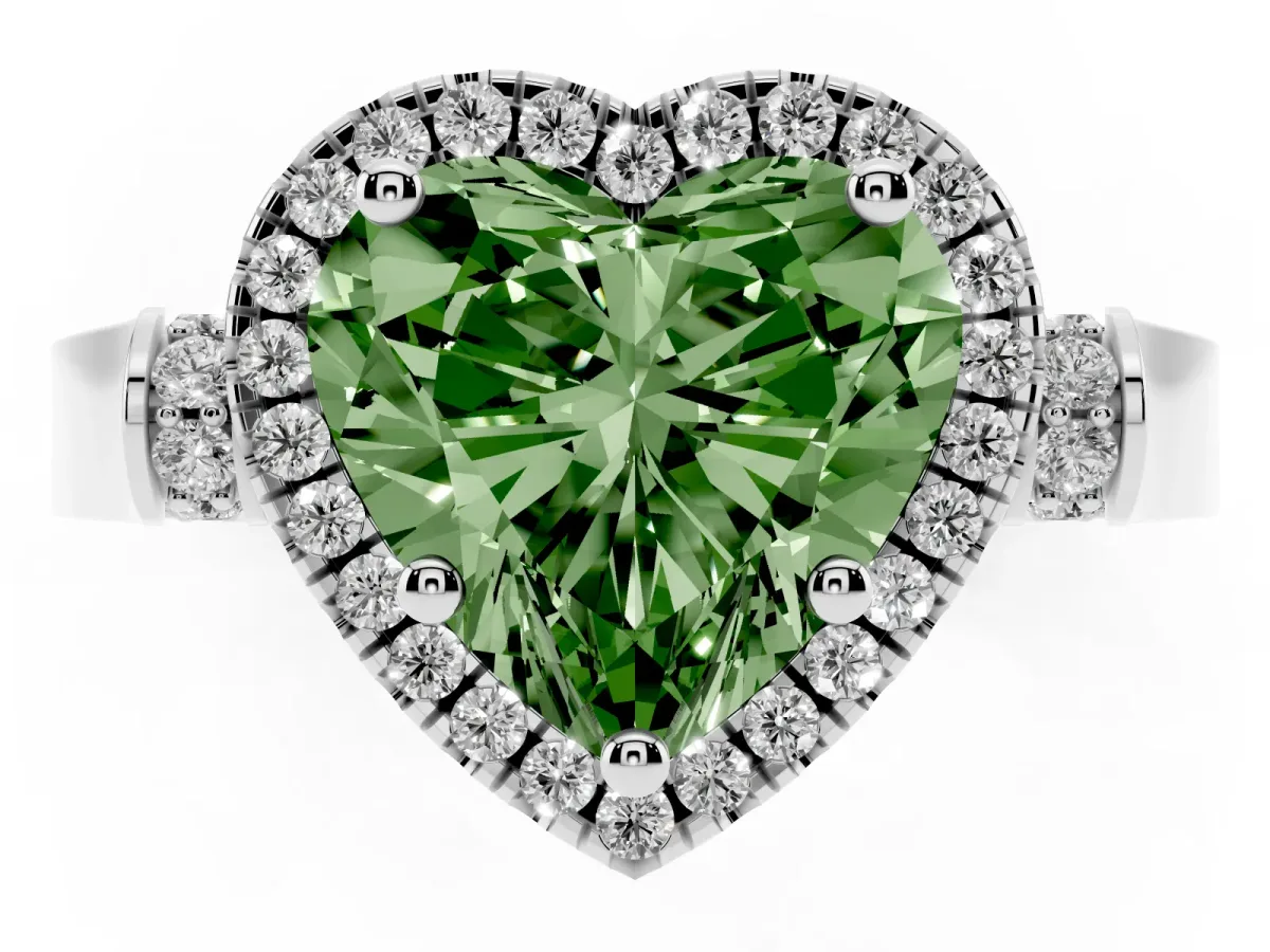 Fancy Green Heart Cut Halo Pave Split Shank Prong Setting Ring White gold