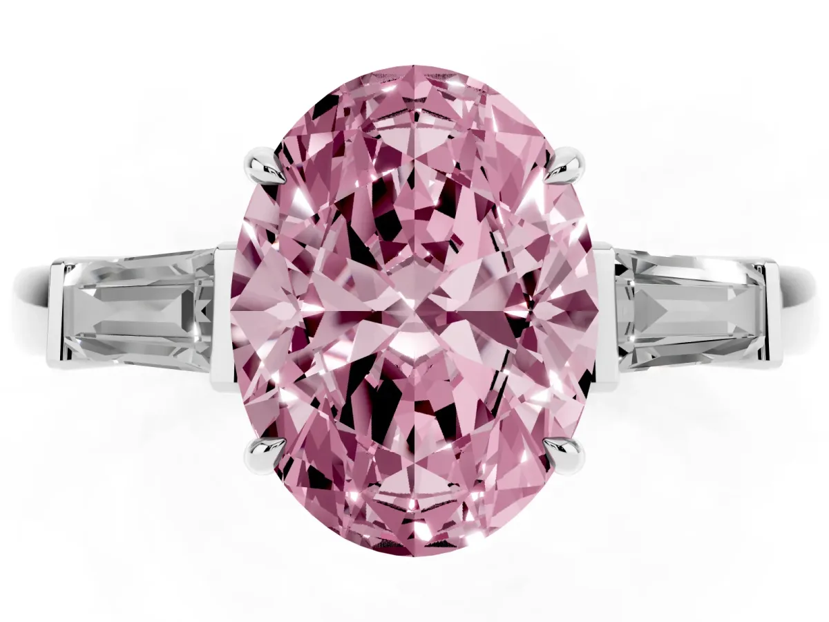 Fancy Pink Oval Cut Diamond Three-Stone Ring with Tapered Baguette Side Stones and Prong Setting Platinum