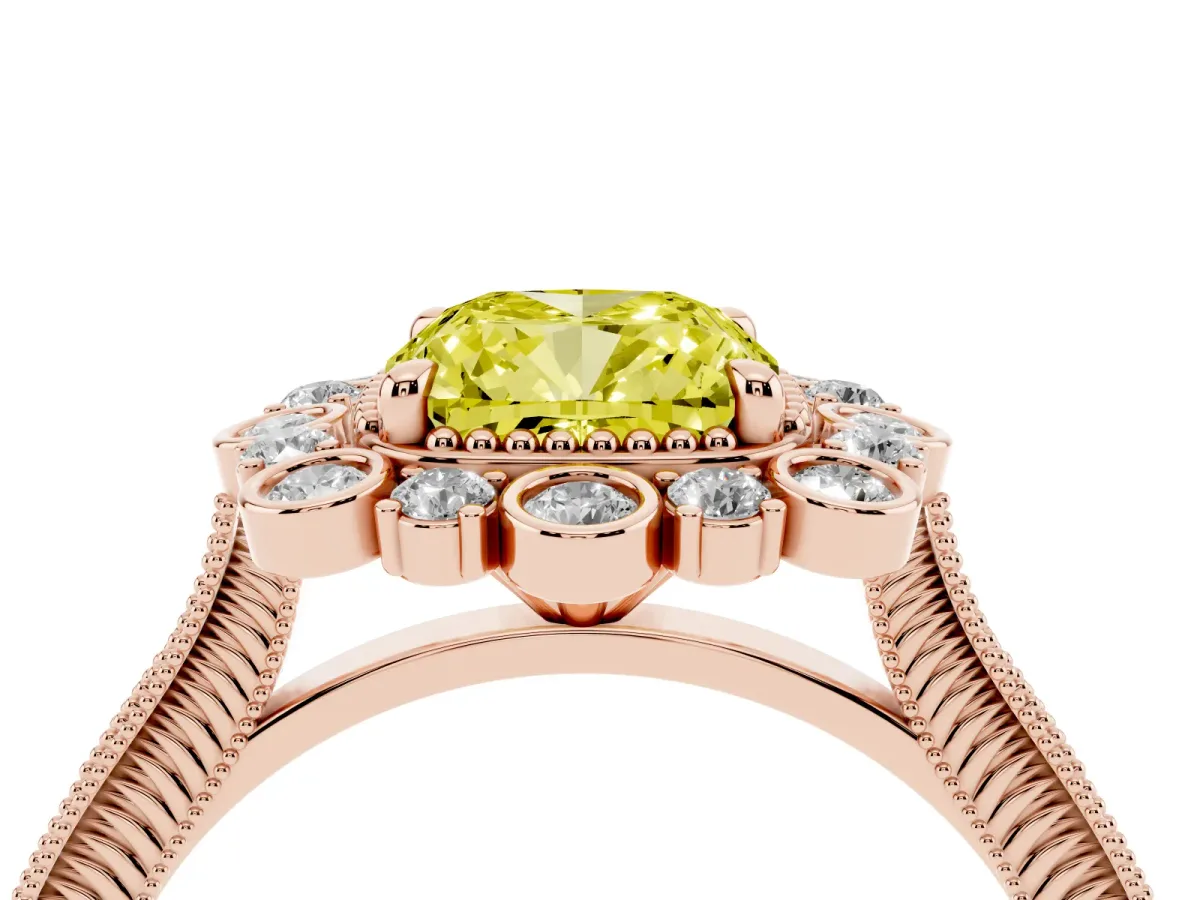 Fancy Yellow Cushion Cut Halo Milgrain Pave Diamond Ring with Four-Prong Setting Rose gold