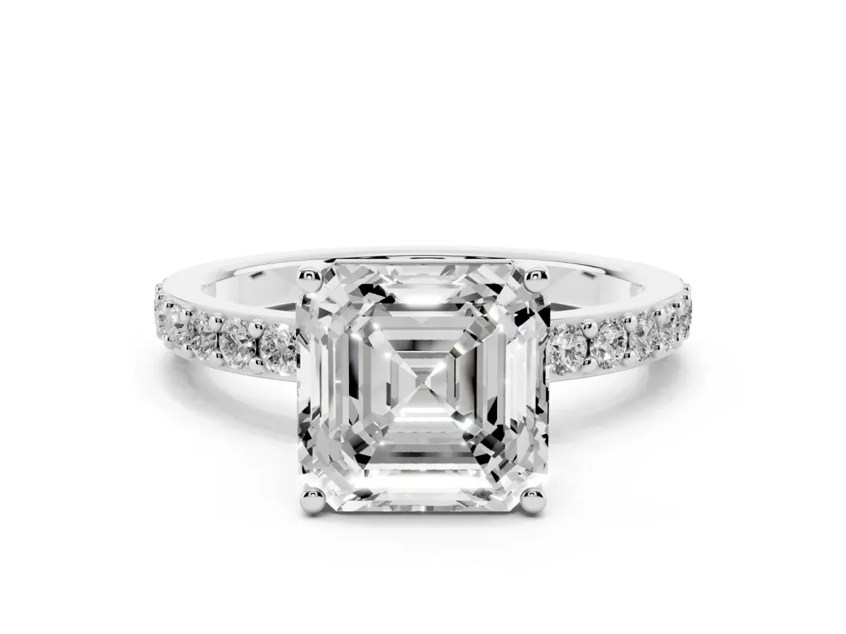 Asscher Cut Cut Diamond Solitaire with Pave Band and Four-Prong Setting Silver