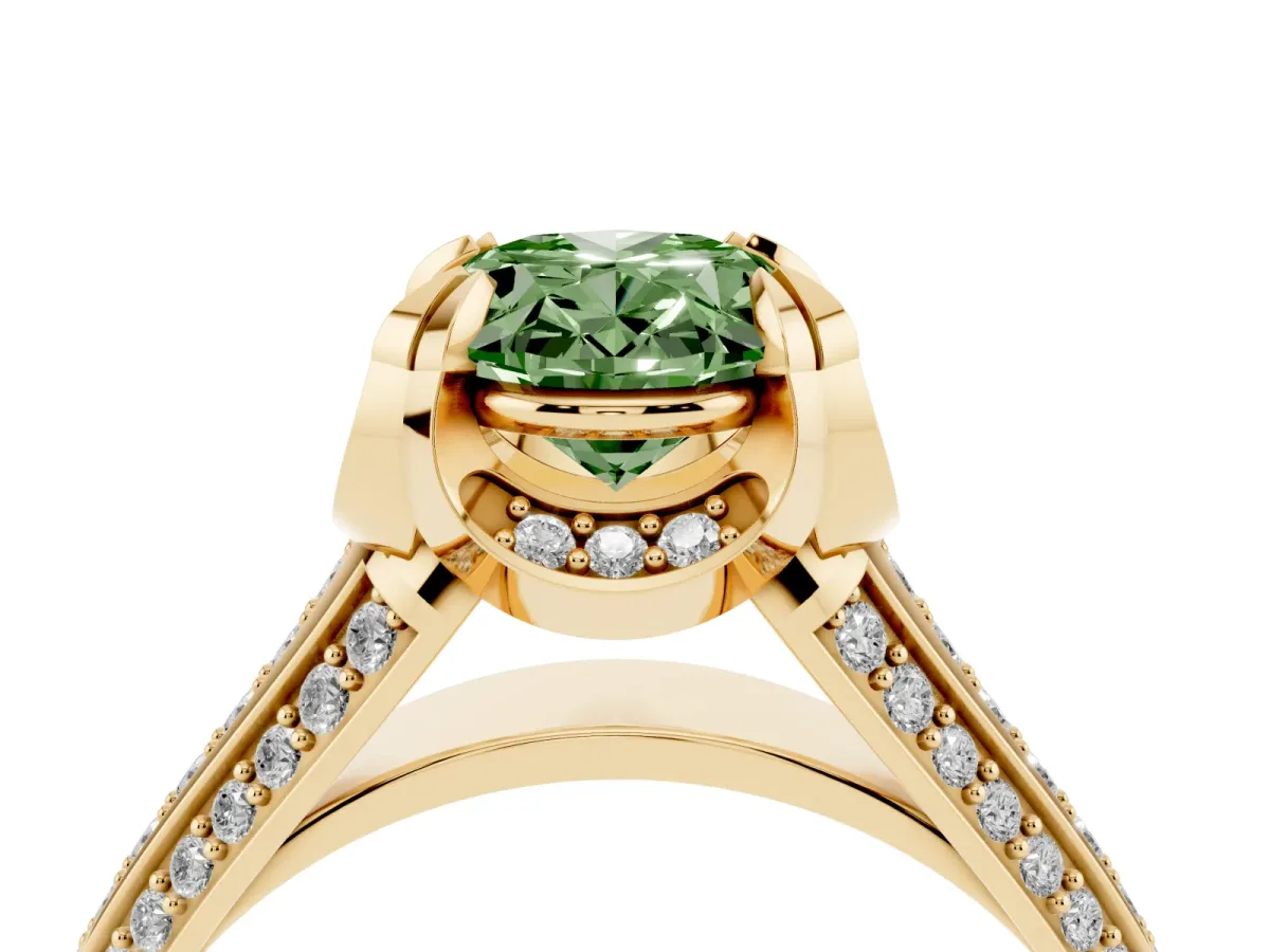 Fancy Green Oval Cut Solitaire Pave Split Shank Ring with Four-Prong Setting Yellow gold