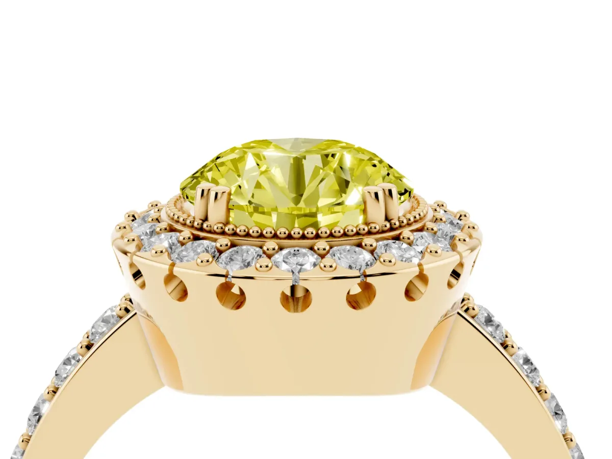Fancy Yellow Round Cut Diamond Halo Ring with Pavé Band and Prong Setting Yellow gold