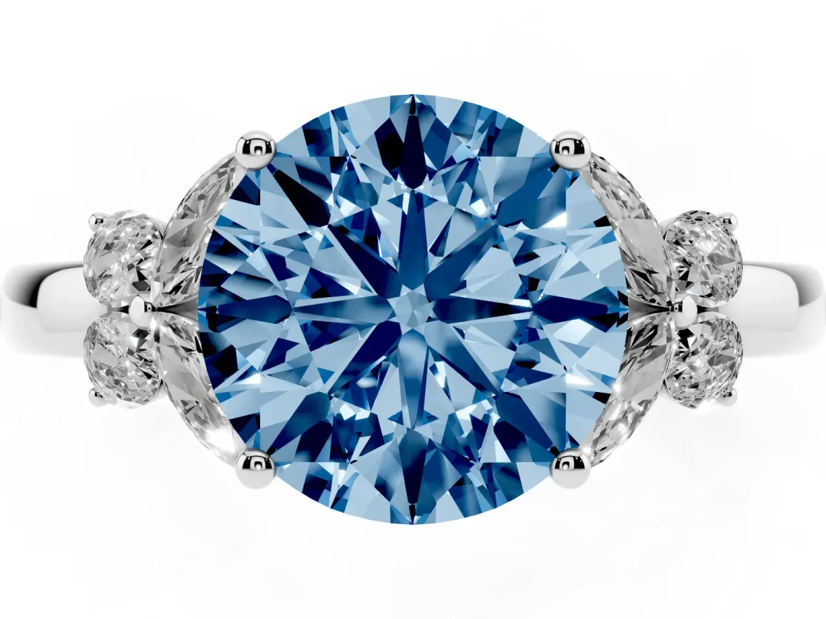 Fancy Blue Round Cut Cut Solitaire Floral Diamond Ring with Four-Prong Setting Silver