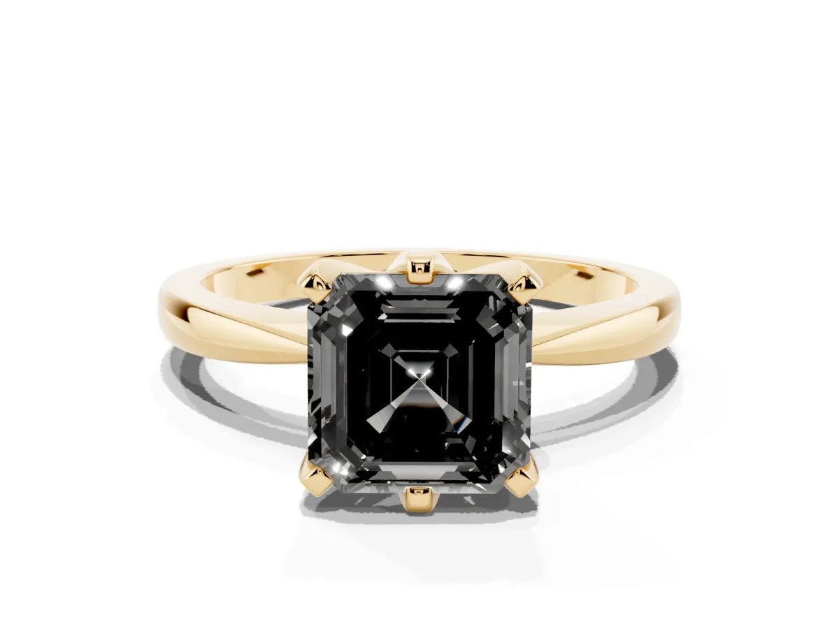 Fancy Black Asscher Cut Solitaire Engagement Ring with Six-Prong Setting and Tapered Band Yellow gold
