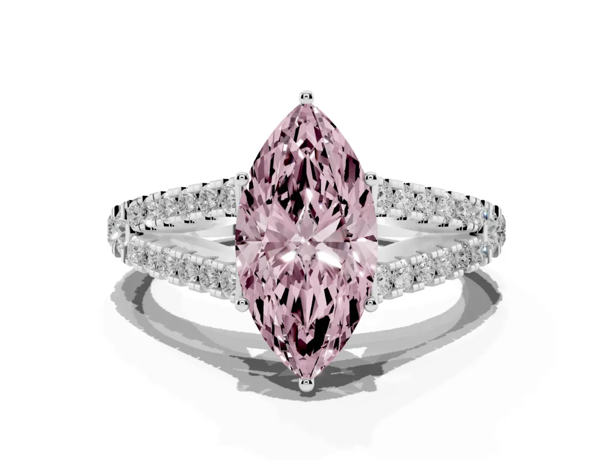 Fancy Pink Marquise Cut Diamond Split Shank Pavé Engagement Ring with Four-Prong Setting Platinum