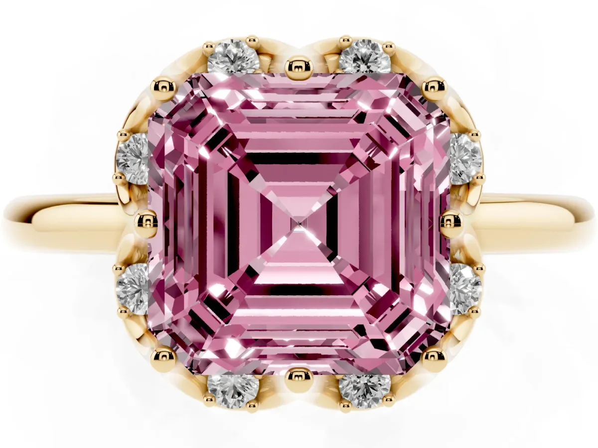 Fancy Pink Asscher Cut Halo Diamond Ring with Round Cluster Setting, Solitaire Band, and Four-Prong Setting Yellow gold
