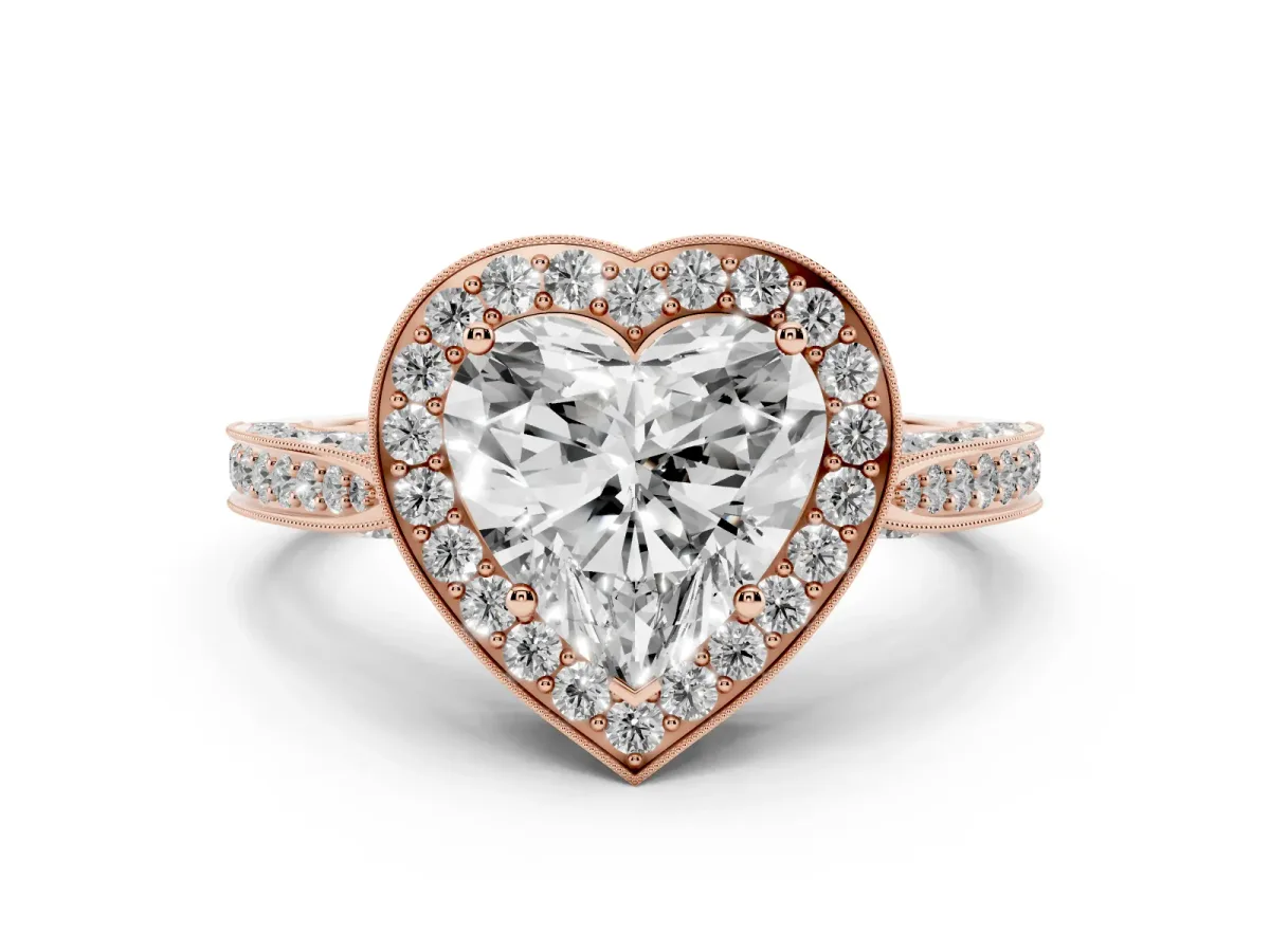 Heart Cut Halo Diamond Engagement Ring with Split Shank Band and Four-Prong Setting Rose gold