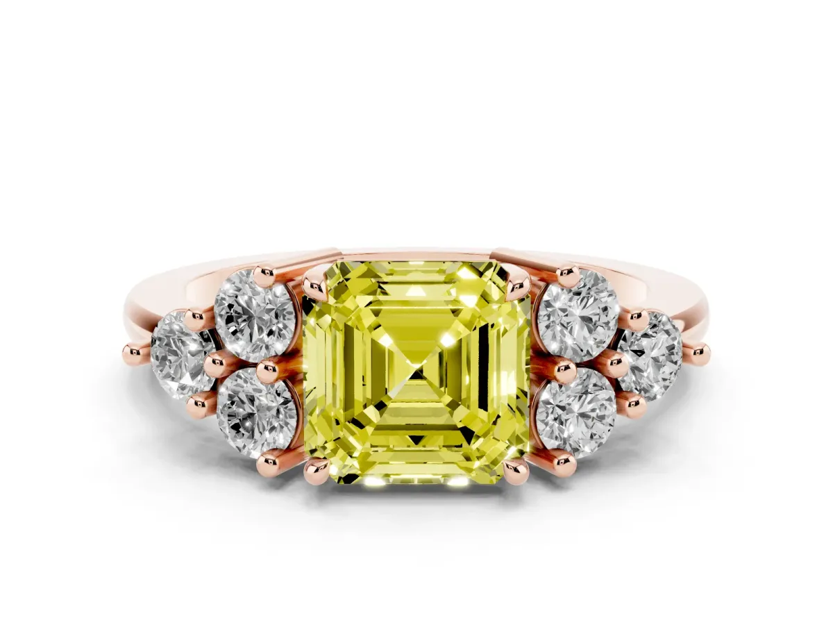 Fancy Yellow Asscher Cut Brilliant Diamond Cluster Accent Solitaire Ring with Prong Setting Rose gold