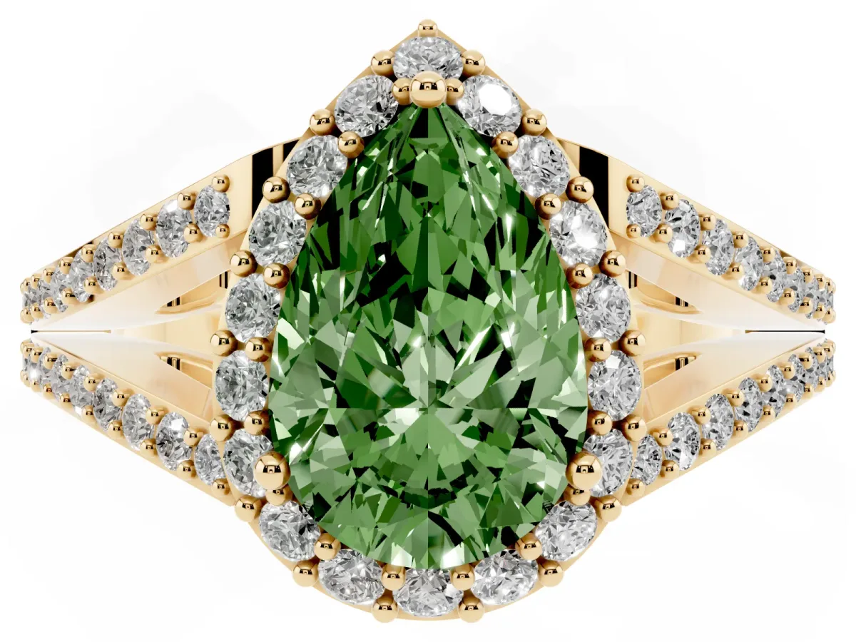 Fancy Green Pear Cut Halo Split Shank Pave Diamond Ring with Four-Prong Setting Yellow gold