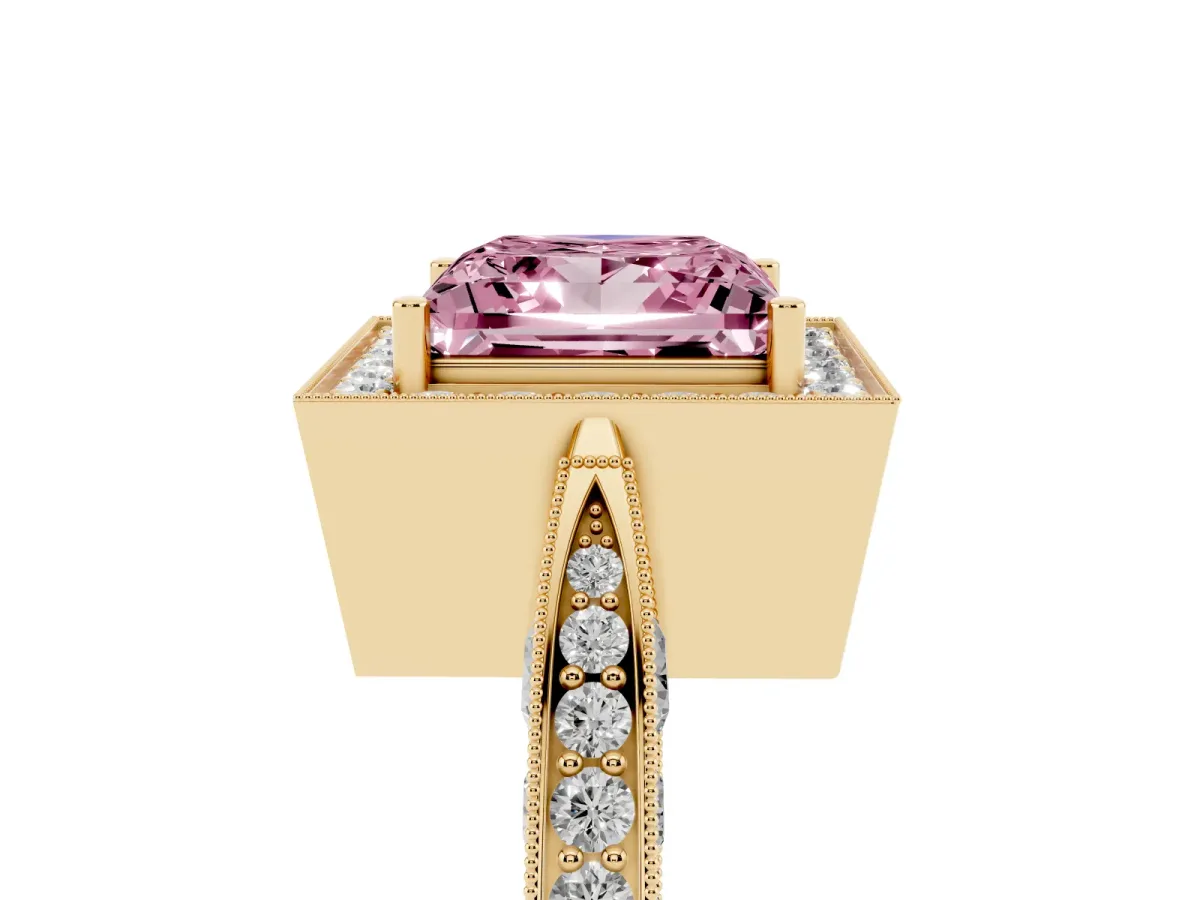 Fancy Pink Princess Cut Halo Diamond Engagement Ring with Split Shank Band and Four-Prong Setting Yellow gold