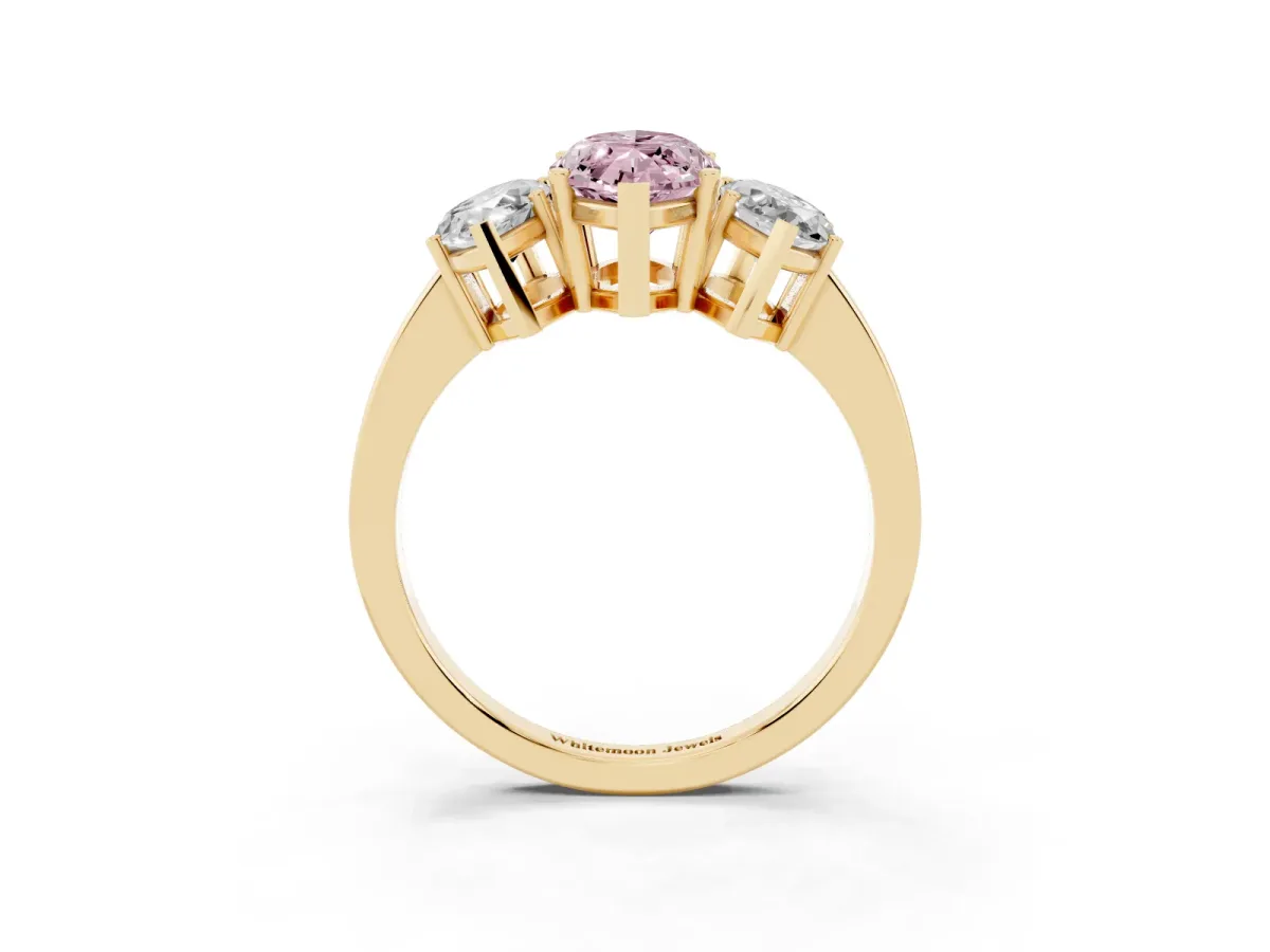 Fancy Pink Three-Stone Marquise Cut Cut Diamond Engagement Ring with Flat Band and Four-Prong Setting Yellow gold