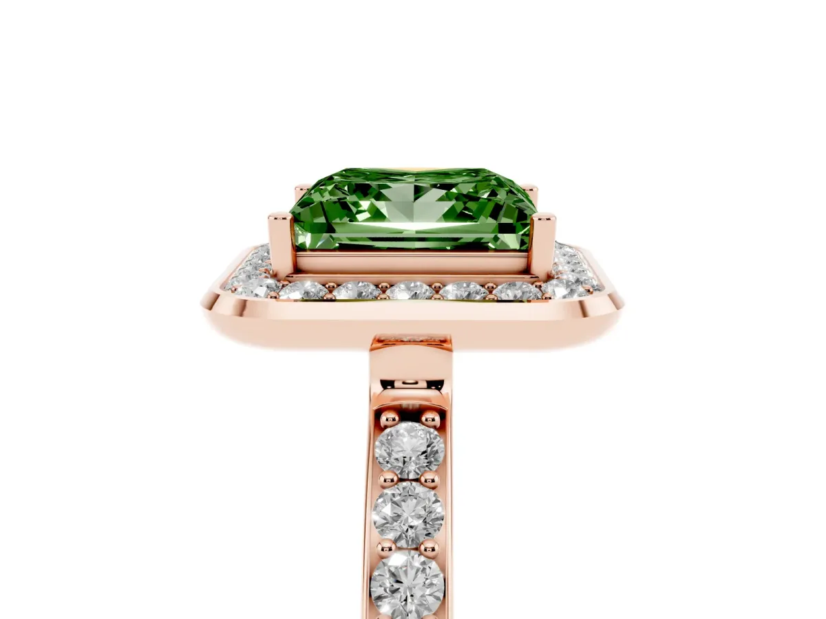 Fancy Green Princess Cut Diamond Halo Ring with Bezel Frame and Pavé Band Rose gold