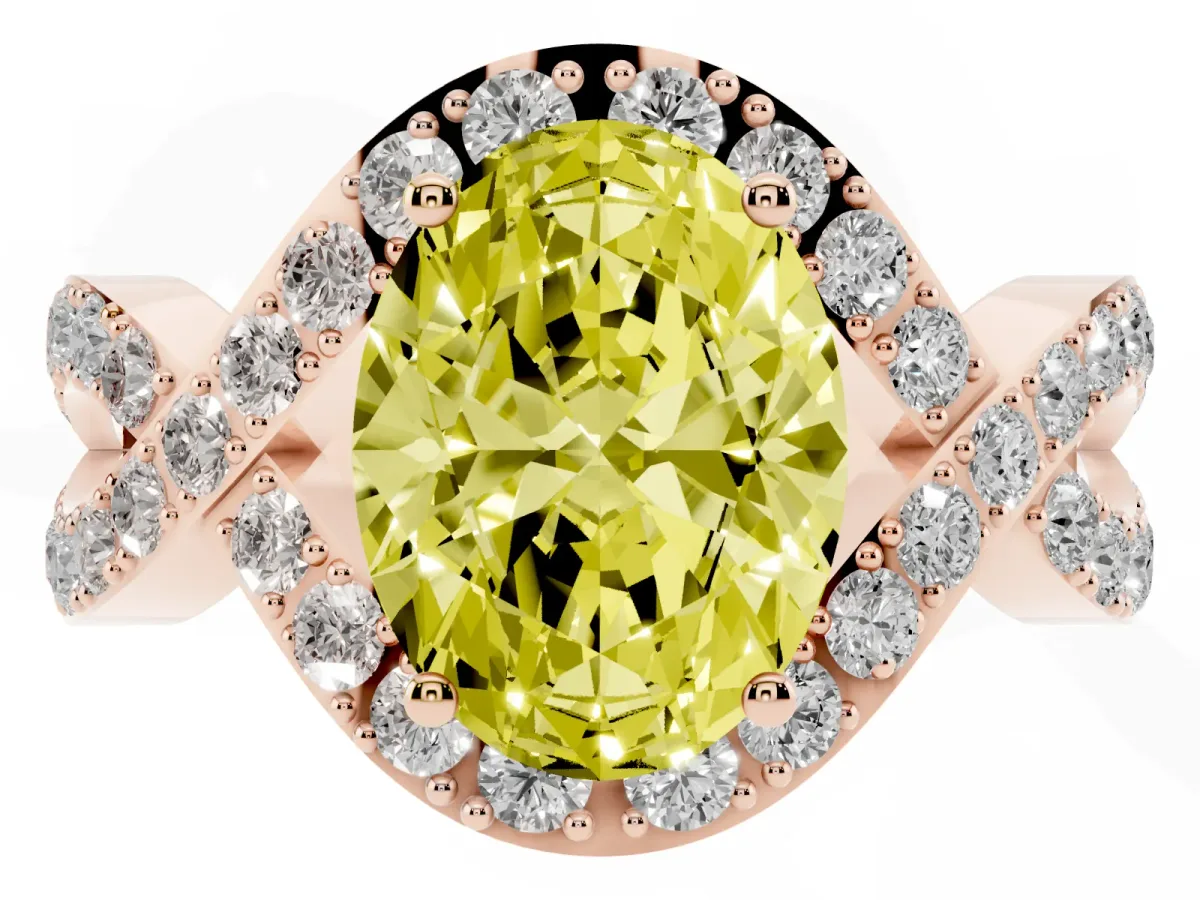 Fancy Yellow Oval Cut Solitaire Twist Band Pavé Diamond Engagement Ring Rose gold