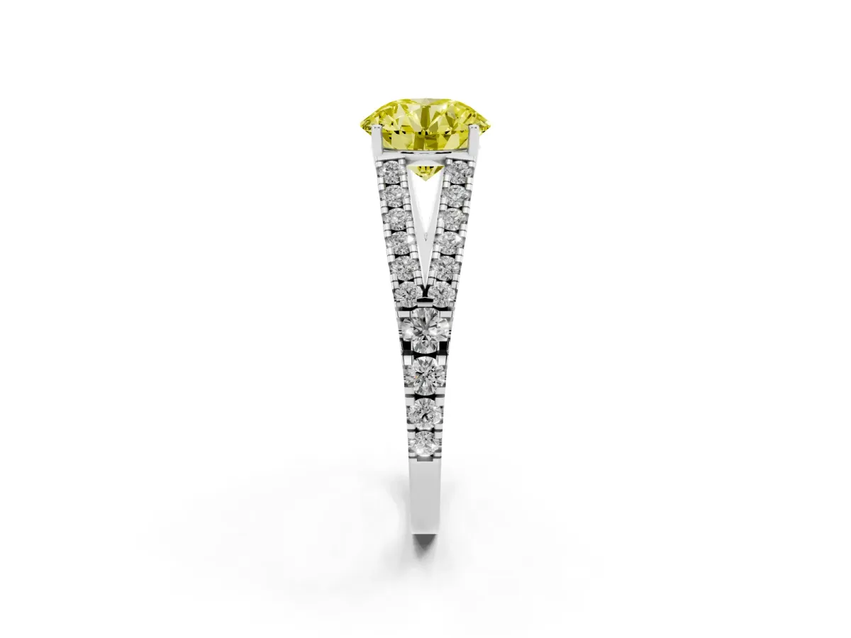 Fancy Yellow Round Cut Diamond Split Shank Engagement Ring with Round Pavé and Prong Setting Platinum