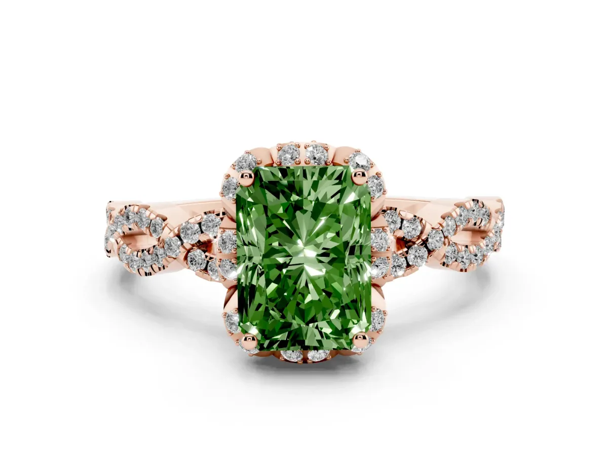 Fancy Green Radiant Cut Halo Twist Band Solitaire Ring with Six-Prong Setting Rose gold