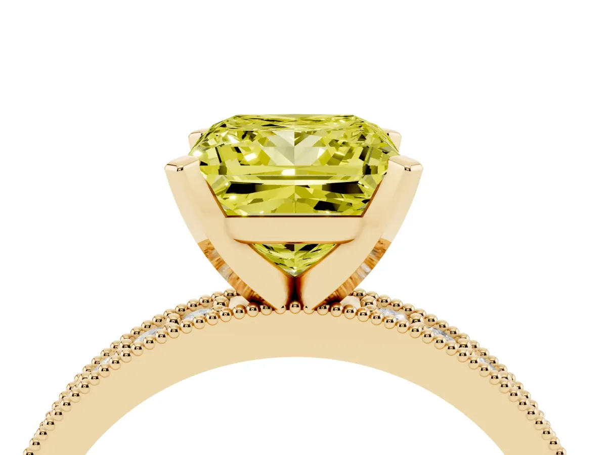 Fancy Yellow Princess Cut Diamond Milgrain Pavé Engagement Ring with Four-Prong Setting Yellow gold