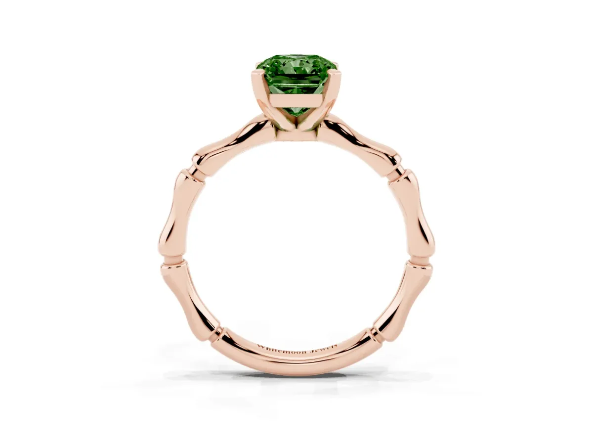Fancy Green Radiant Cut Solitaire Diamond Ring with Bamboo Band and Four-Prong Setting Rose gold