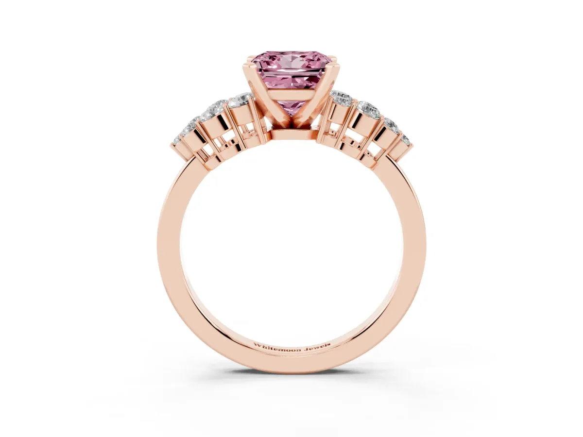 Fancy Pink Princess Cut Cluster Diamond Engagement Ring with Pavé Band and Four-Prong Setting Rose gold