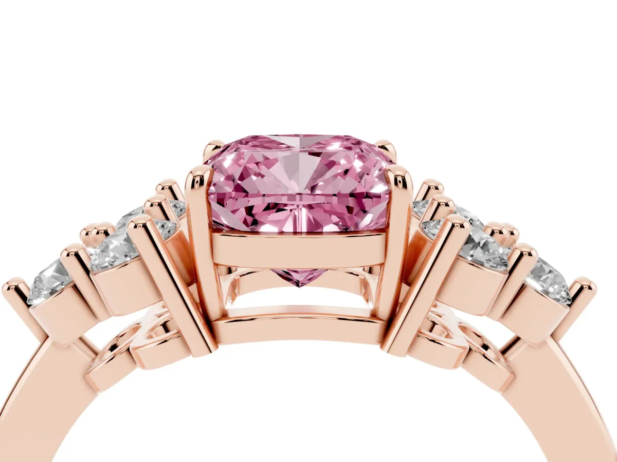 Fancy Pink Cushion Cut Brilliant Diamond Cluster Accent Solitaire Ring with Prong Setting Rose gold