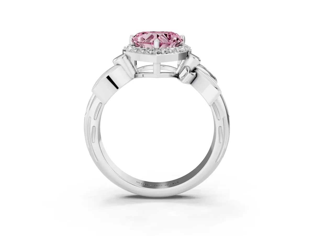 Fancy Pink Heart Cut Halo Diamond Floral Band with Four-Prong Setting Silver