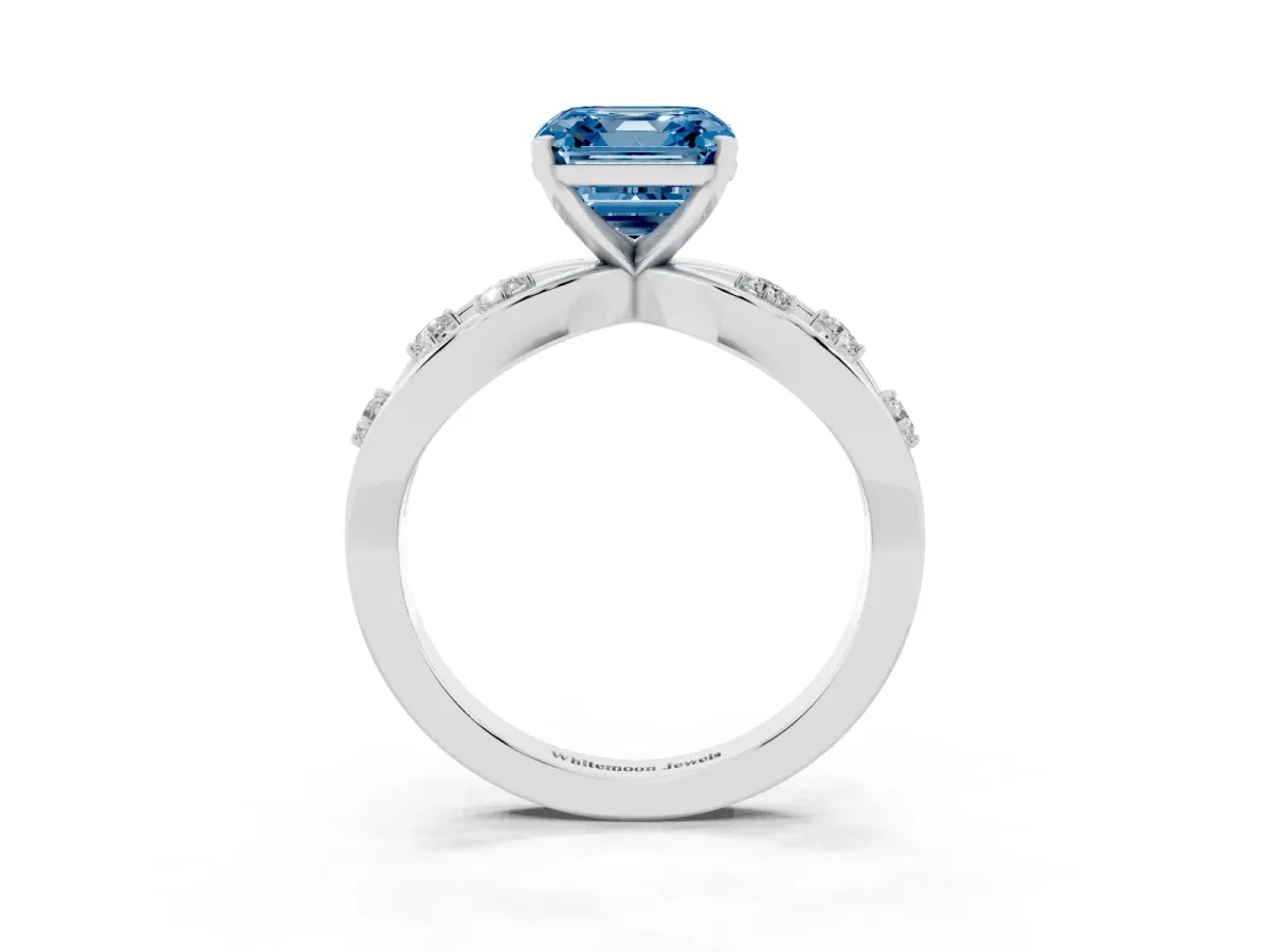 Fancy Blue Asscher Cut Cut Solitaire Diamond with Side Stones on Criss-Cross Band and Four-Prong Setting Platinum