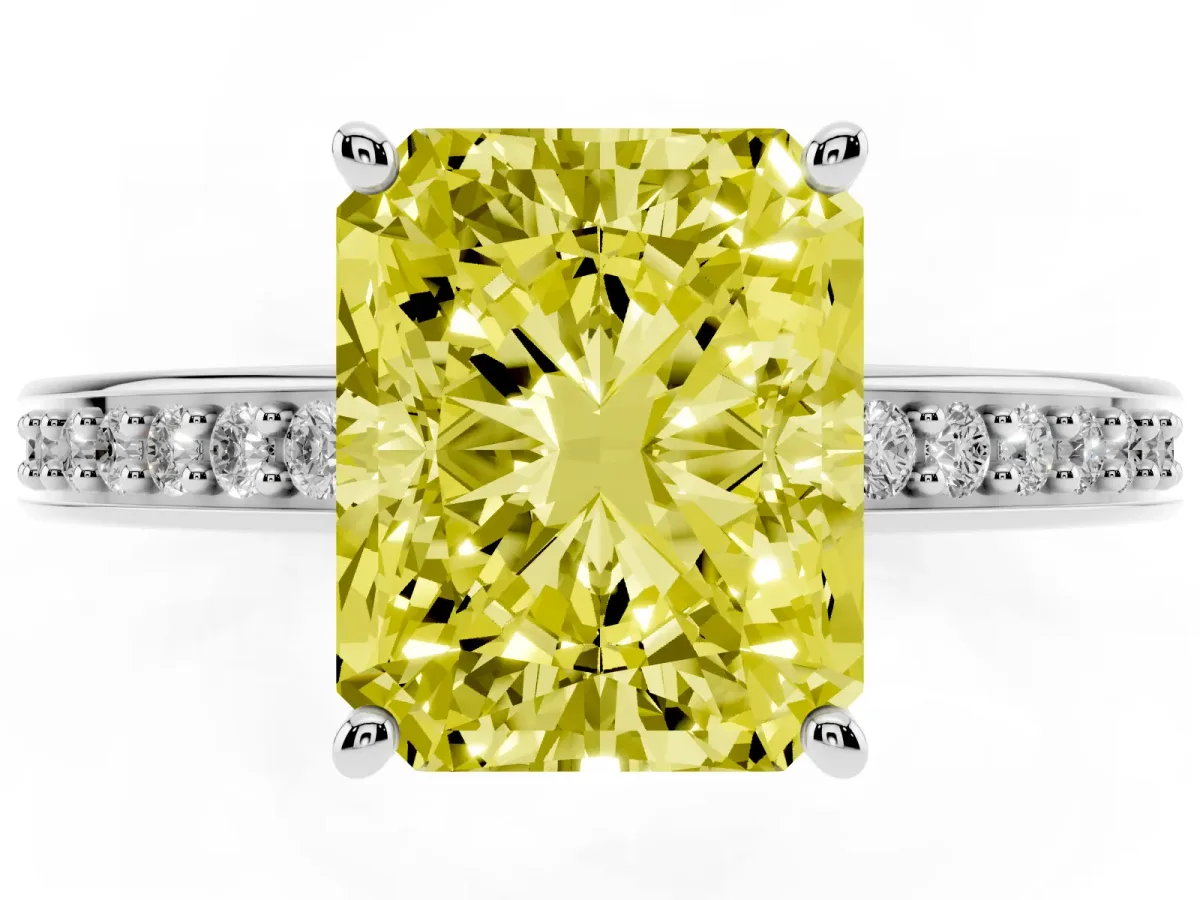 Fancy Yellow Radiant Cut Solitaire Pavé Band Prong Setting Ring Silver