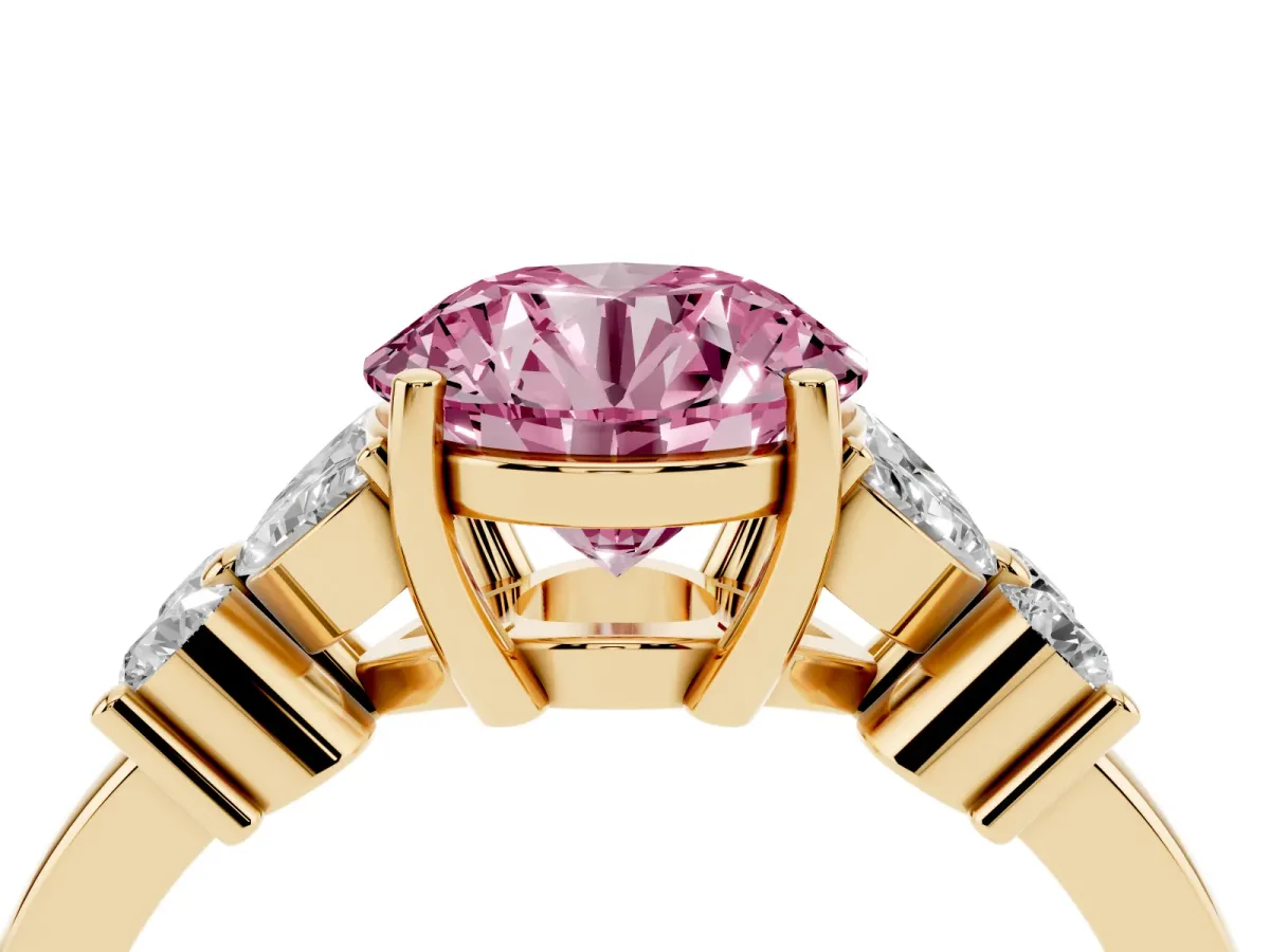 Fancy Pink Round Cut Diamond Floral Cluster Ring with Solitaire Band and Prong Setting Yellow gold