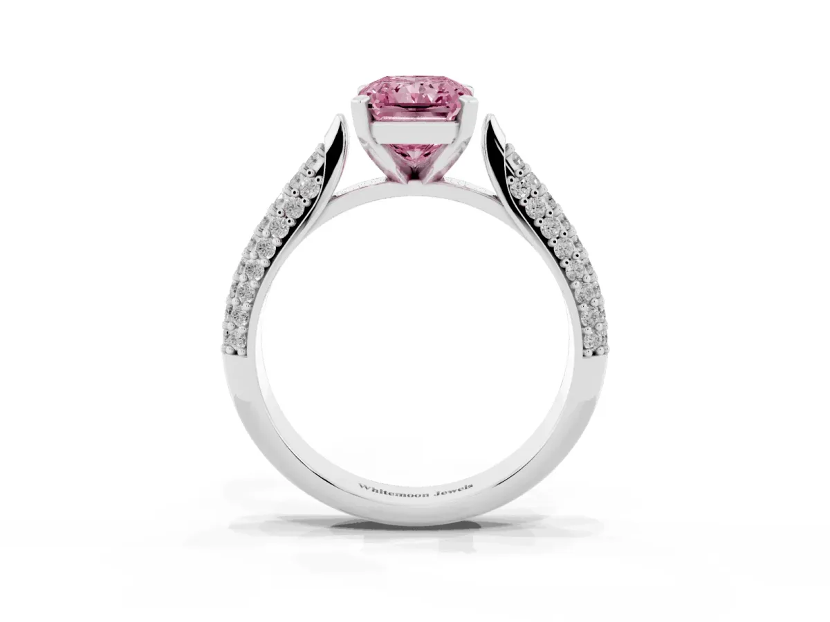 Fancy Pink Radiant Cut Diamond Solitaire Engagement Ring with Multi-Row Round Pavé Band and Prong Setting Platinum