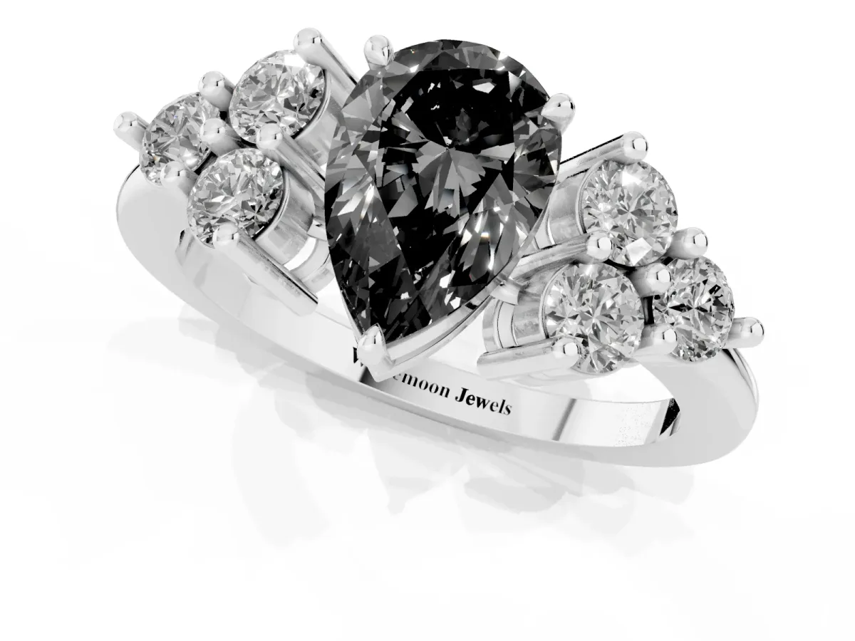 Fancy Black Pear Cut Brilliant Diamond Cluster Accent Solitaire Ring with Prong Setting White gold
