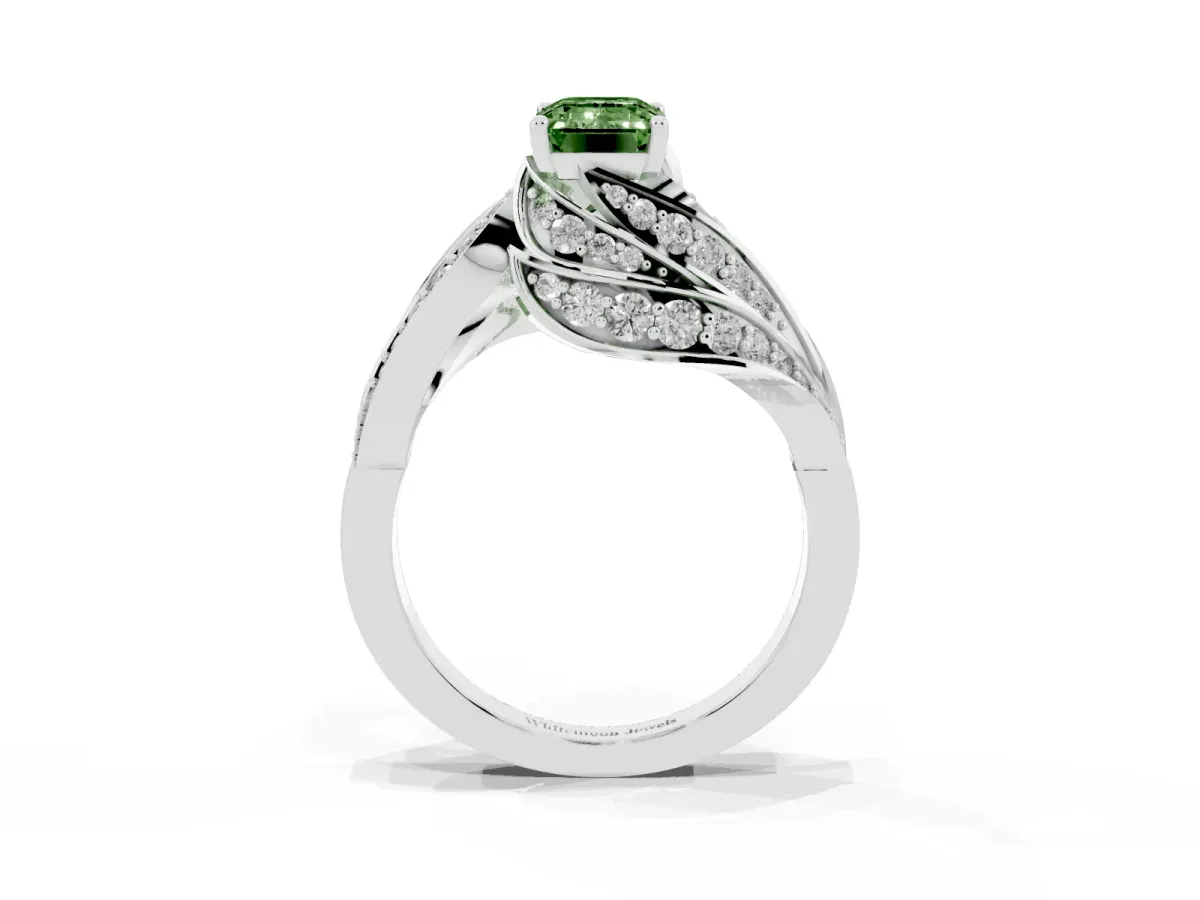 Fancy Green Emerald Cut Diamond Solitaire Ring with Prong Setting and Twisted Pavé Band Silver