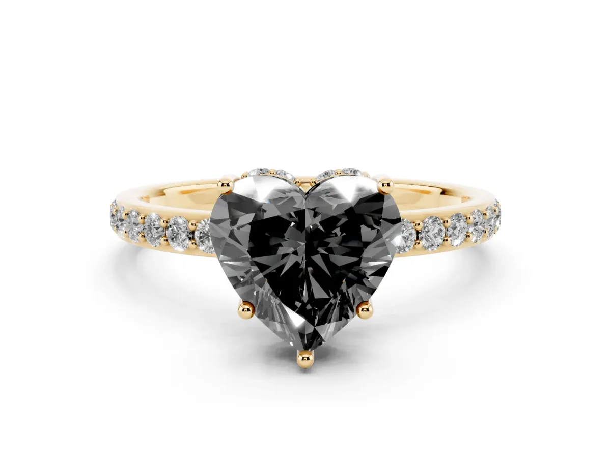 Fancy Black Heart Cut Diamond Solitaire Ring with Pavé Band and Hidden Halo Yellow gold