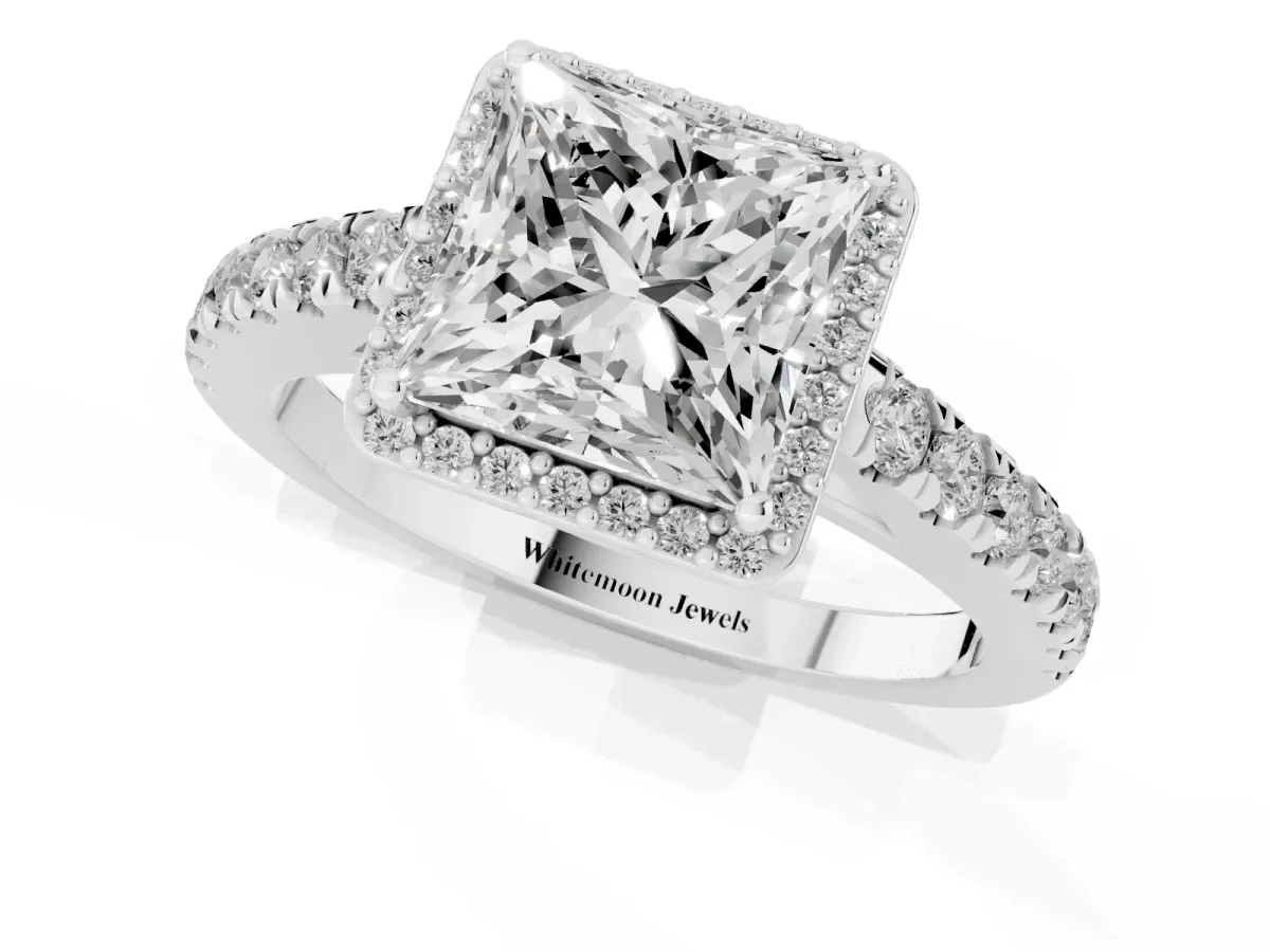 Princess Cut Cut Halo Diamond Engagement Ring with Pave Band and Four-Prong Setting Platinum