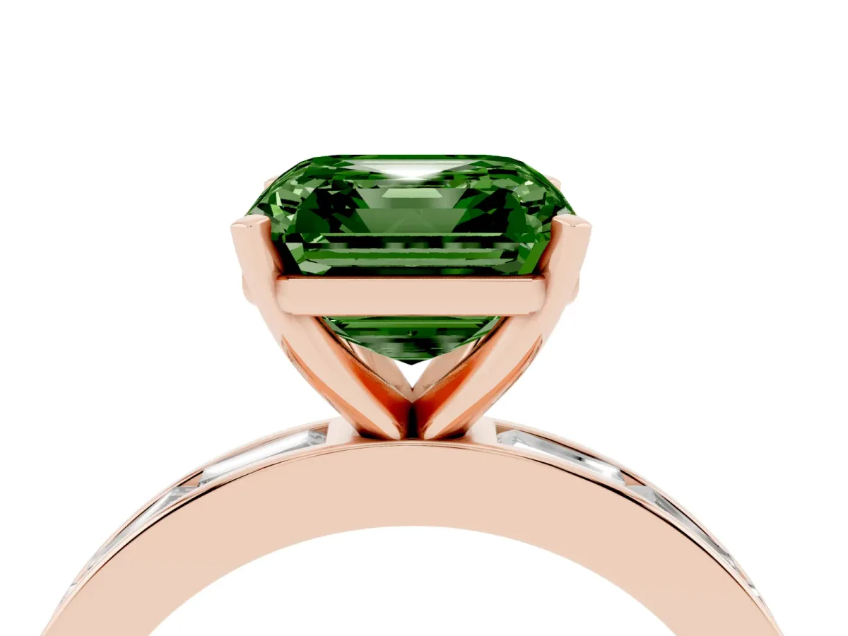 Fancy Green Asscher Cut Solitaire Diamond Ring with Channel-Set Baguette Band and Four-Prong Setting Rose gold