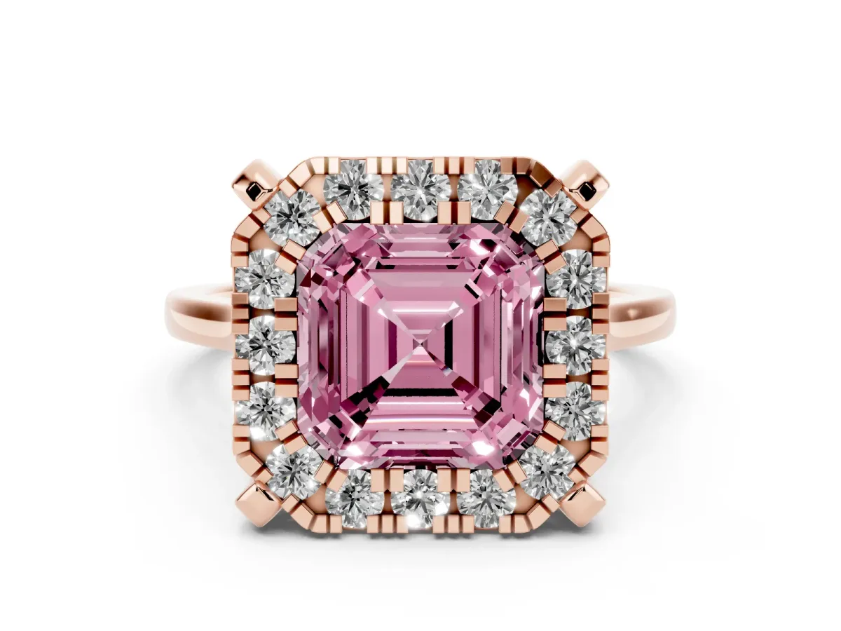 Fancy Pink Asscher Cut Diamond Cluster Halo Solitaire with Four-Prong Setting Rose gold
