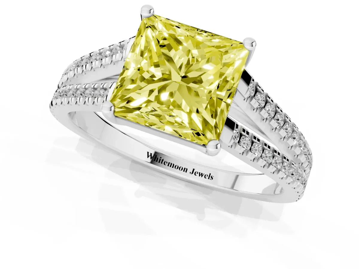 Fancy Yellow Princess Cut Diamond Solitaire Engagement Ring with Split Shank Pavé Band Platinum