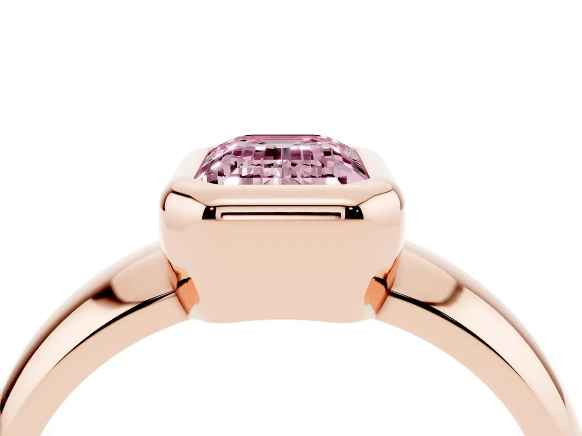 Fancy Pink Bezel Set Emerald Cut Solitaire Ring with Wide Band Rose gold