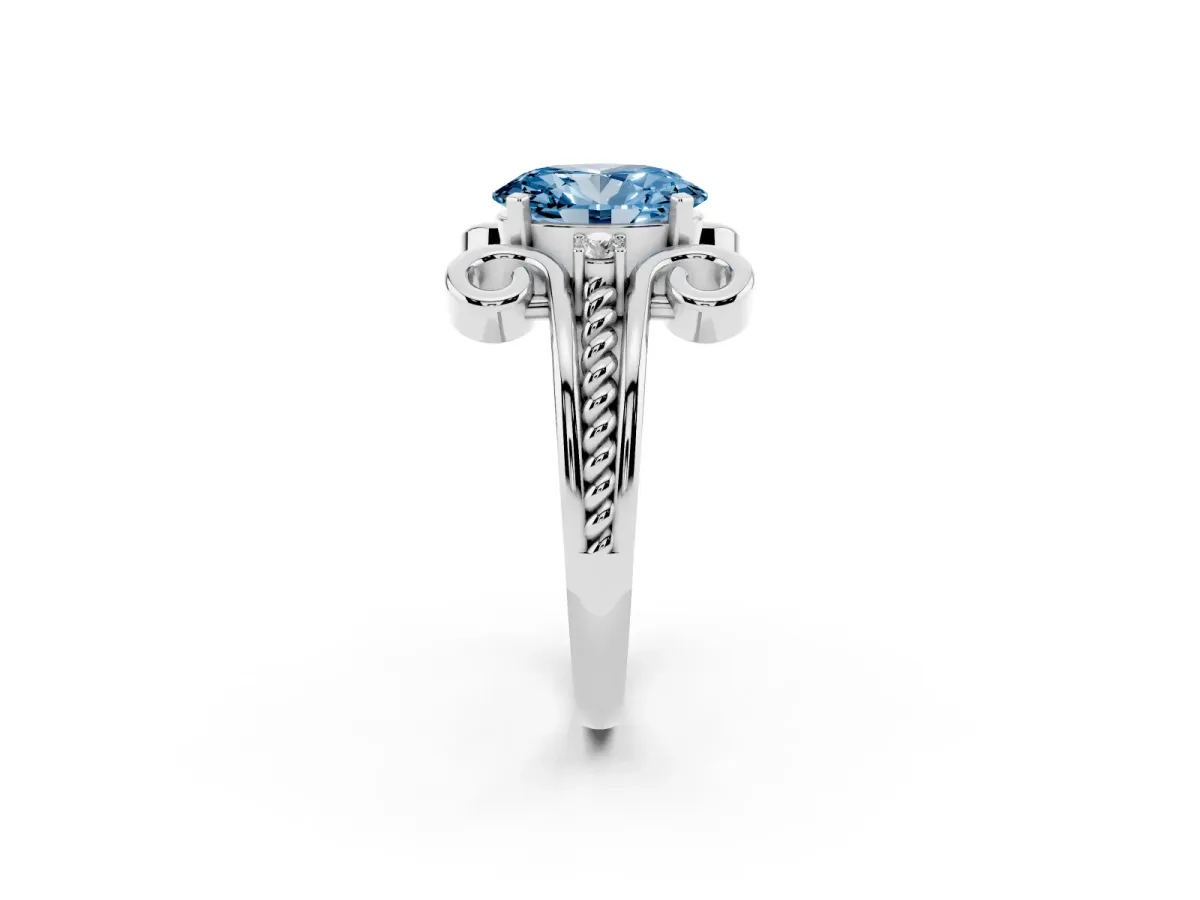Fancy Blue Oval Cut Solitaire Twisted Band Scroll Prong Ring Silver