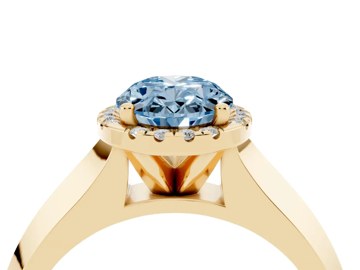 Fancy Blue Oval Cut Halo Diamond Ring with Cathedral Band and Four-Prong Setting Yellow gold