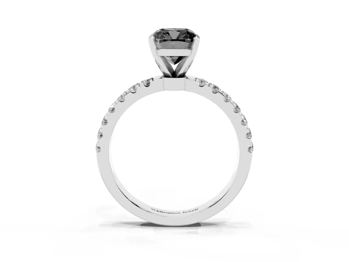 Fancy Black Cushion Cut Diamond Solitaire Ring with Pavé Accents and Four-Prong Setting Platinum