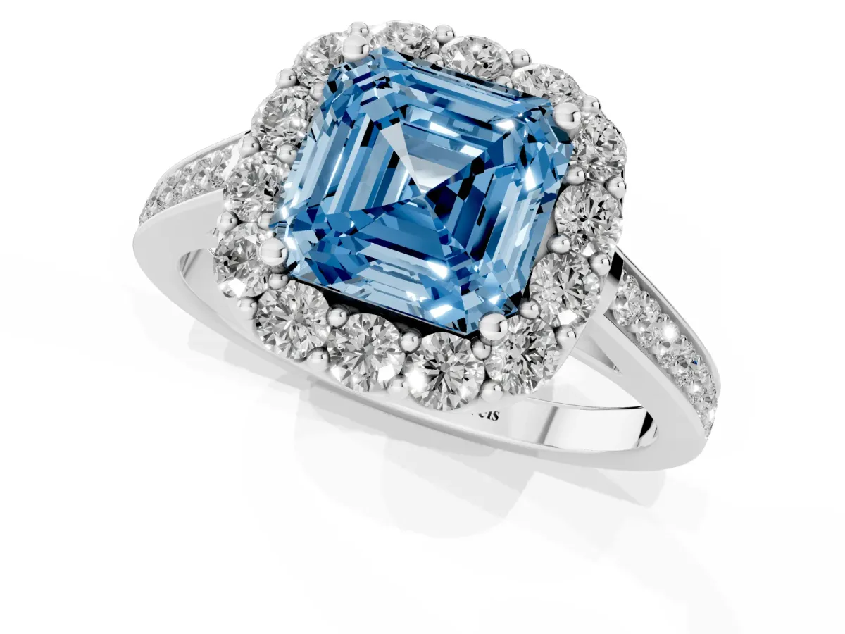 Fancy Blue Asscher Cut Diamond Floral Halo Ring with Pavé Band and Prong Setting White gold