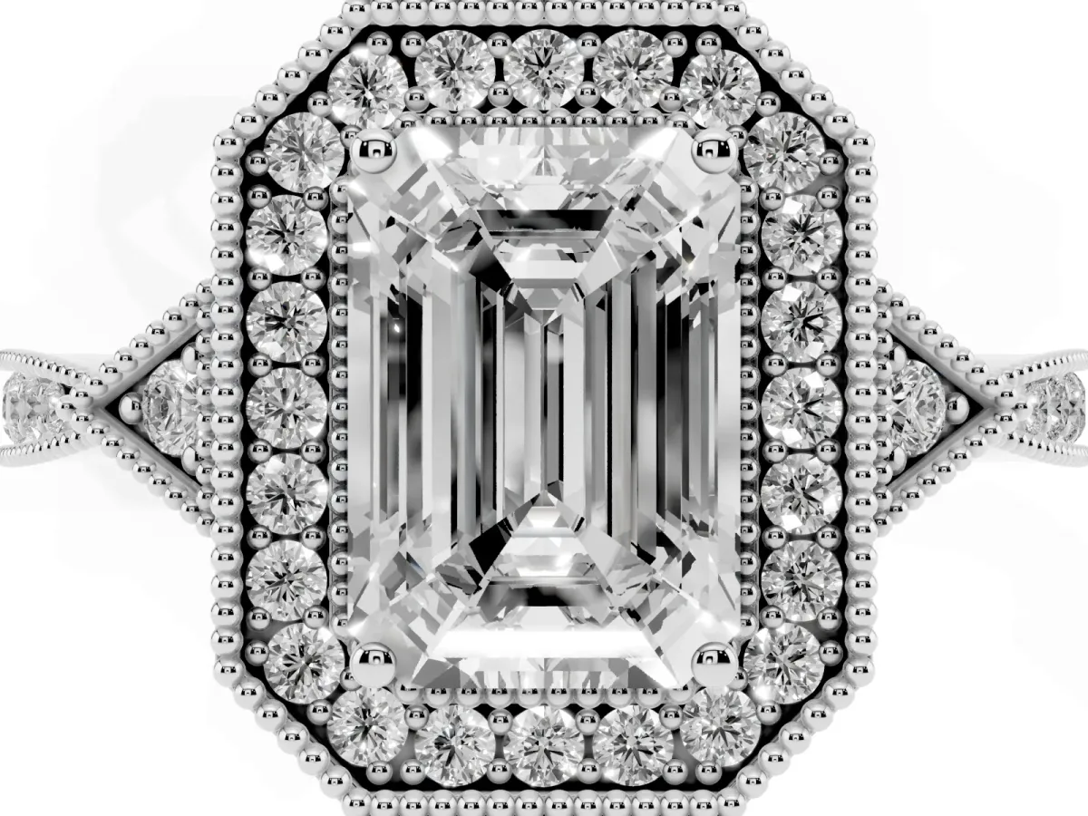 Emerald Cut Halo Round Diamond Milgrain Pave Engagement Ring Silver