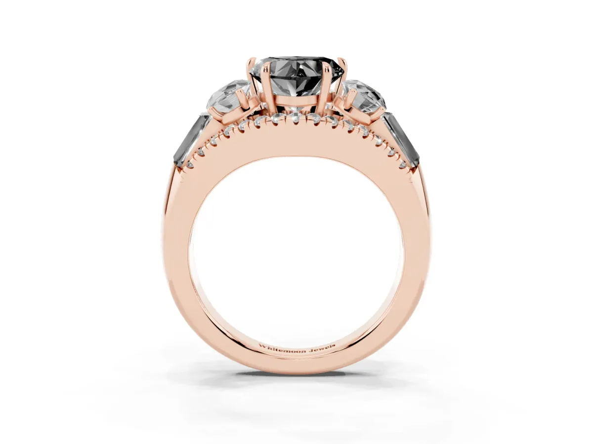 Fancy Black Three-Stone Heart Cut Diamond Engagement Ring with Pave Band and Prong Setting Rose gold