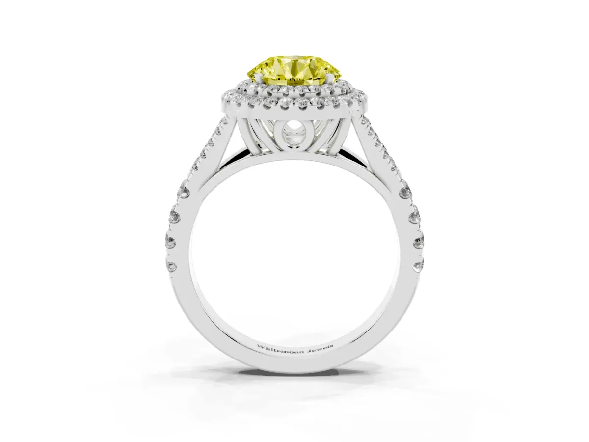 Fancy Yellow Round Cut Cut Double Halo Split Shank Diamond Ring with Prong Setting Silver