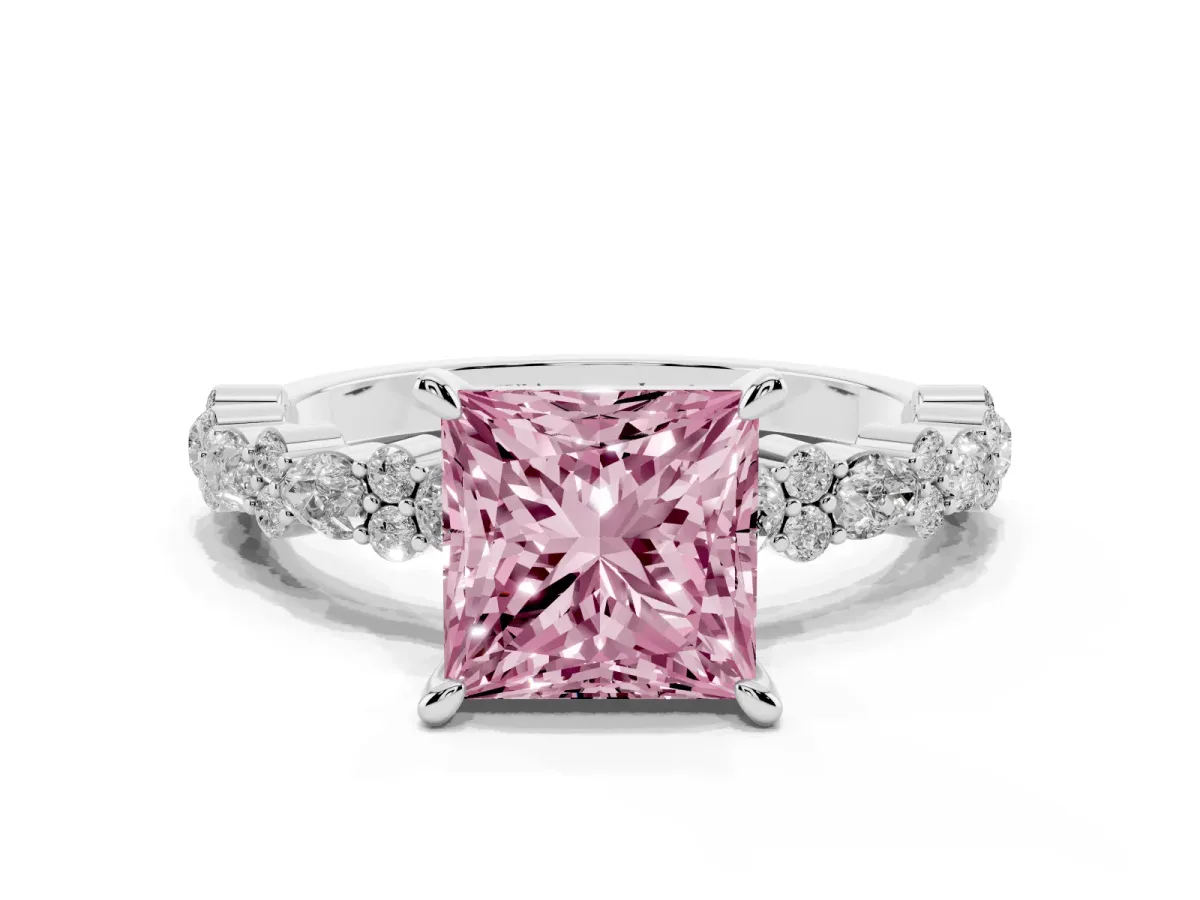 Fancy Pink Princess Cut Diamond Side Stone Solitaire Ring with Round and Four-Prong Setting Silver