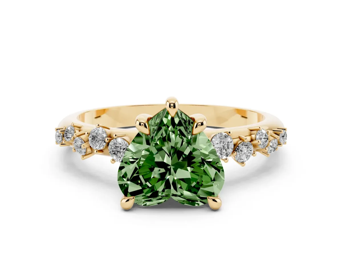 Fancy Green Heart Cut Cut Diamond Vine Band with Four-Prong Setting Yellow gold