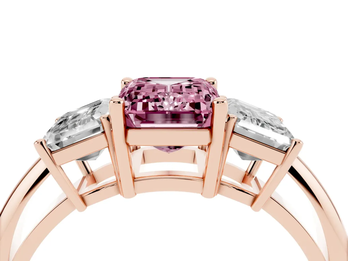 Fancy Pink Three-Stone Emerald Cut Cut Diamond Engagement Ring with Prong Setting on a White Gold Band Rose gold